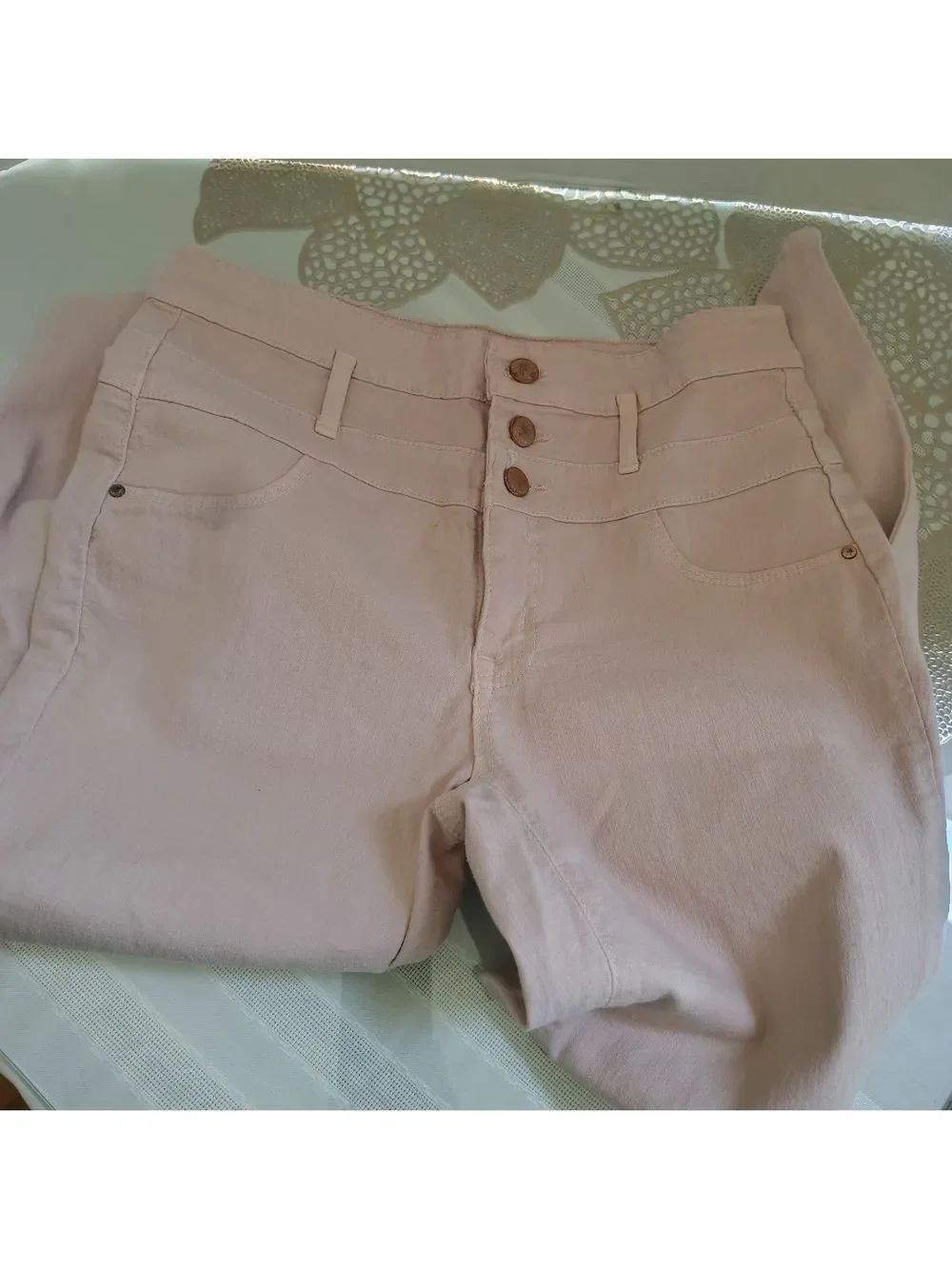 Refuge High-Rise Pale Pink Blush Skinny Jeans with Triple Button Size 6